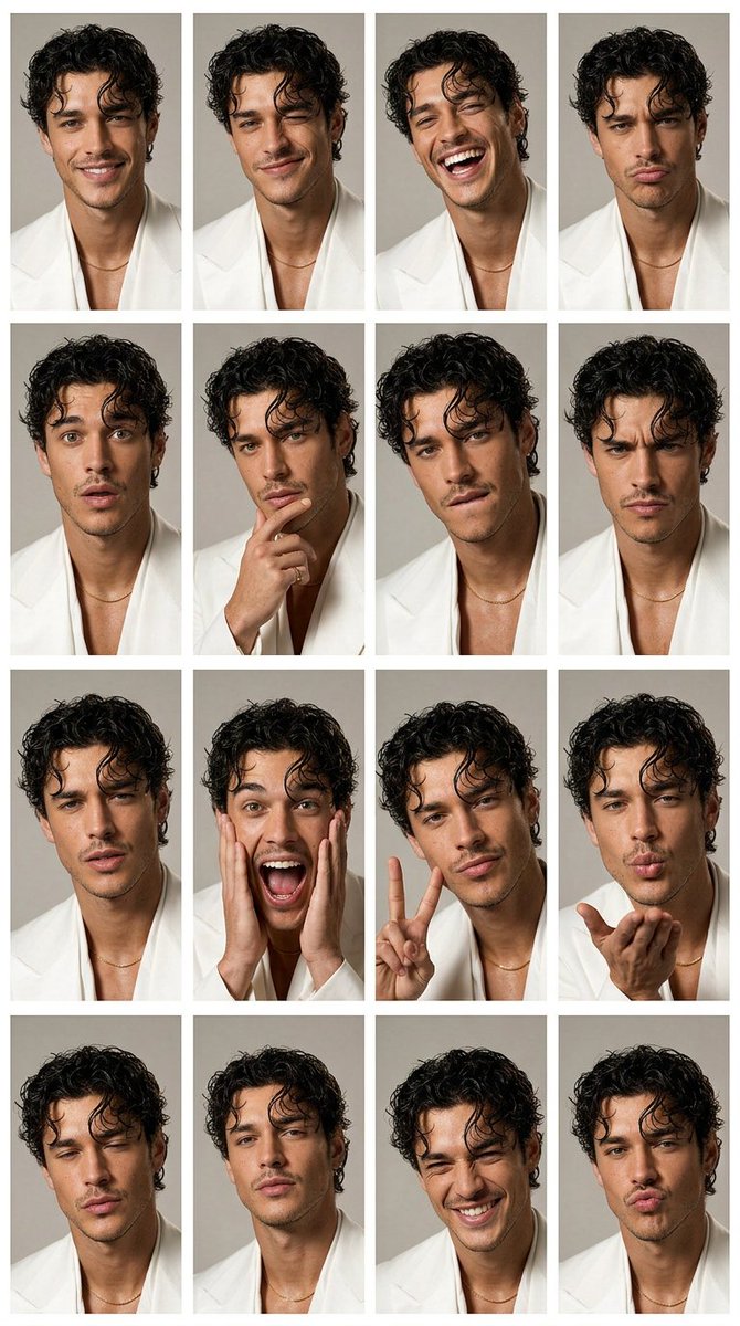 A woman in a cream top poses in a photobooth grid with 16 expressions.