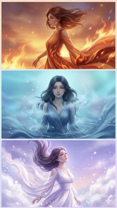 Fiery goddess, water spirit, and air elemental form a magical triptych.