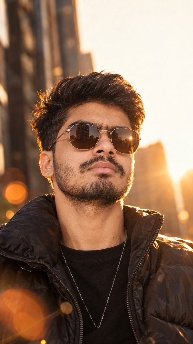 Golden Hour Glow: Low-Angle Urban Portrait of Confident Young Man