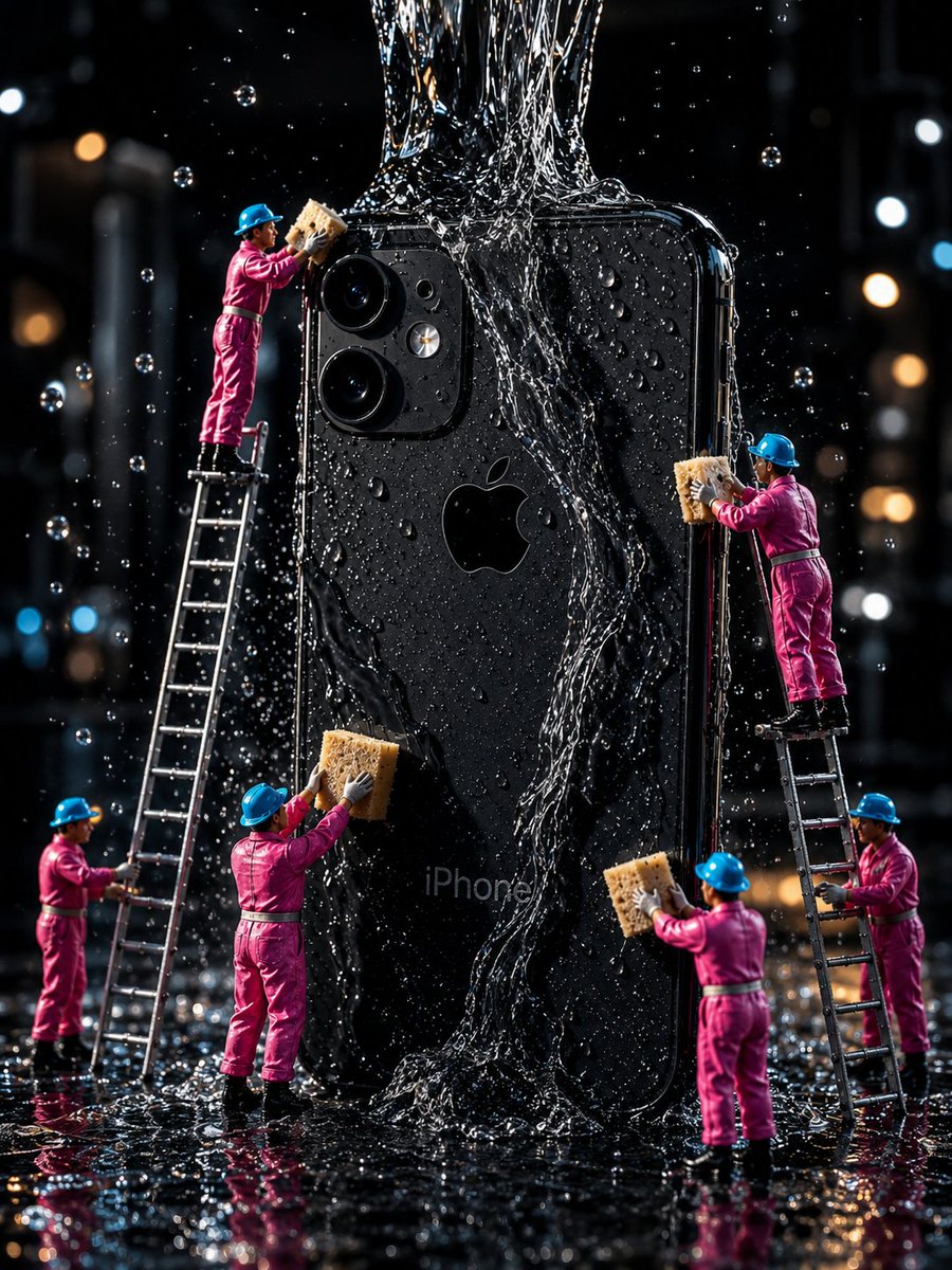 Miniature workers in pink suits clean a glossy black iPhone