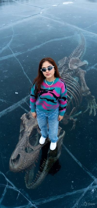 Frozen Legacy: Woman Poised Over T-Rex Skeleton Beneath Ice