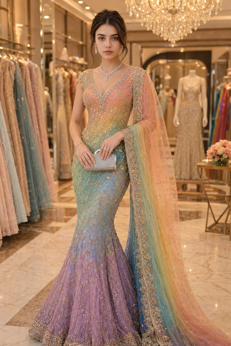Elegant woman in rainbow ombre saree gown poses in luxury boutique