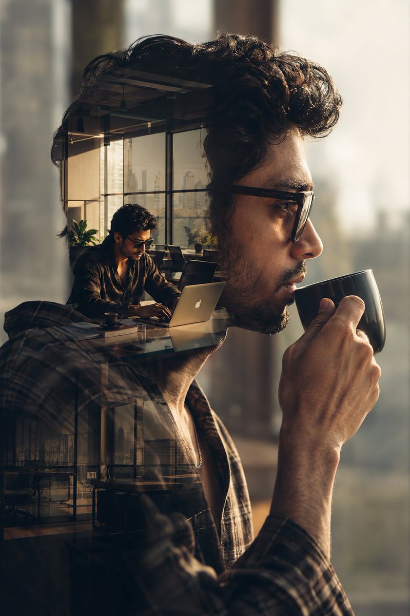 Thoughtful man with coffee blends with sunlit office interior