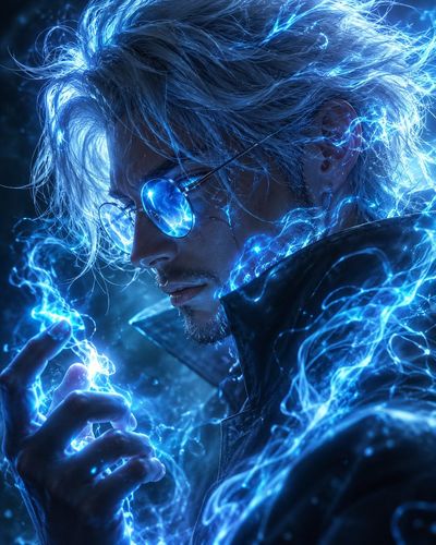 White-haired sorcerer channels electric-blue energy in a dark teal void