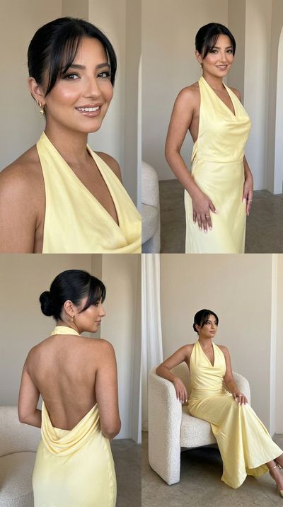 Elegant woman in yellow halter dress poses across four editorial panels
