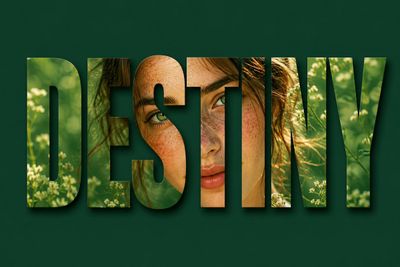 A woman's serene face appears inside bold Destiny typography
