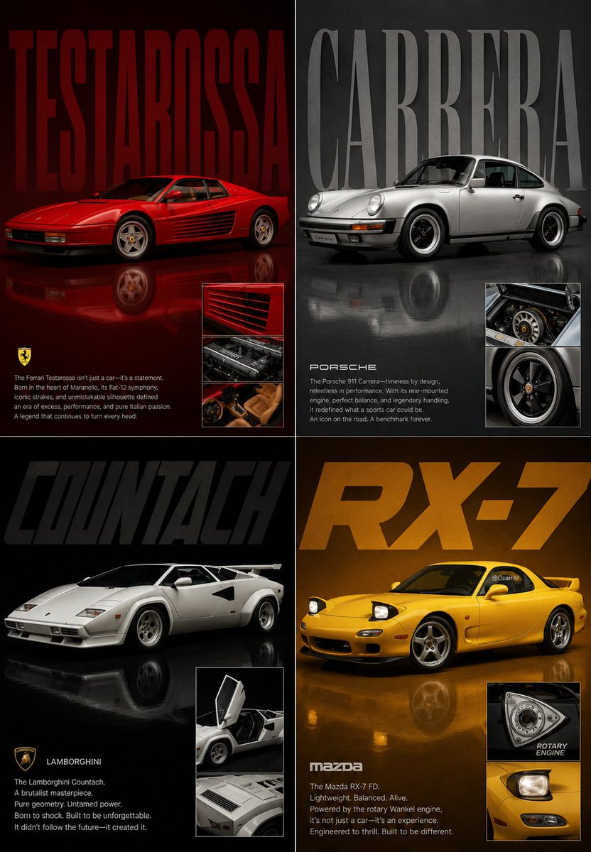 Four iconic cars shine in a 2x2 grid poster layout