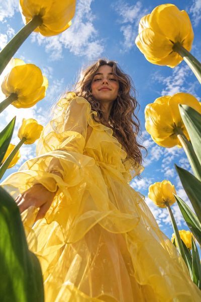 Woman in yellow organza dress smiles amid giant tulips under blue sky
