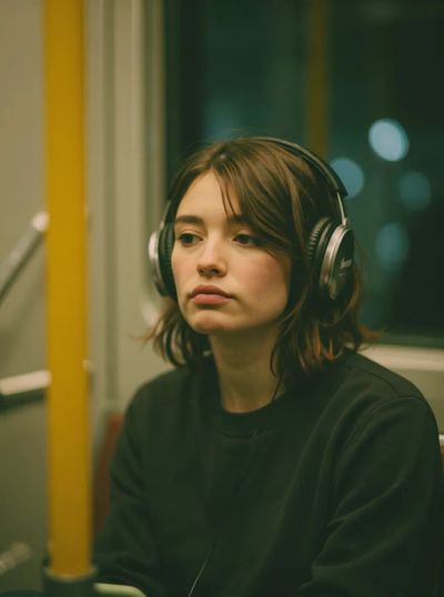 Young woman in recording studio, seen through blurred yellow pillar