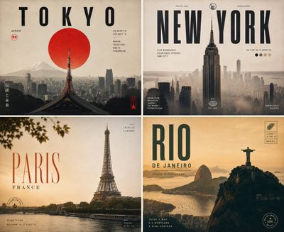 Four iconic cities unite in a vintage travel poster collage