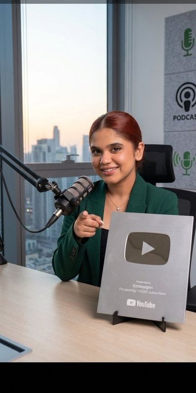 A young YouTuber holds her silver play button award with pride