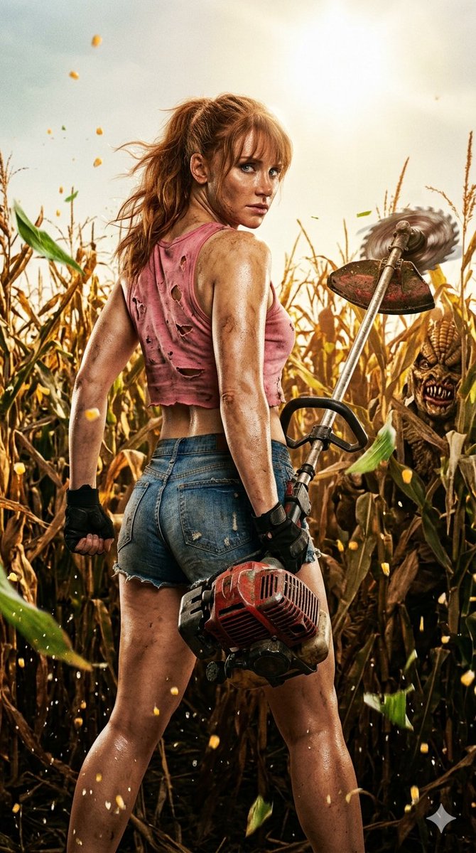 A fierce woman swings a modified weed wacker in a cornfield