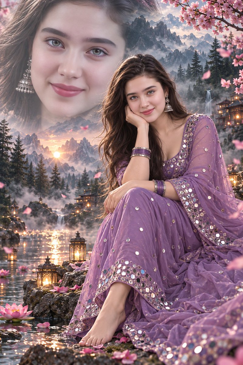 Ethereal Portrait of a Young Woman in Lavender Saree by a Misty Mountain Riverbank