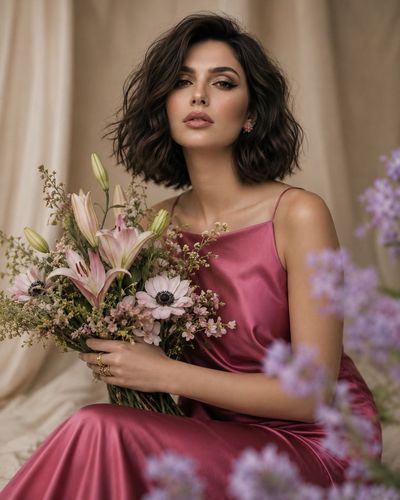 Woman cradling pink lilies in a satin dress with soft window light.