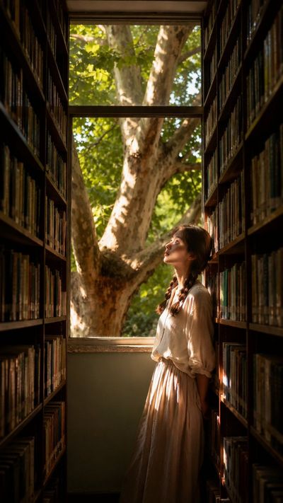 A woman stands in profile by a sunlit library window