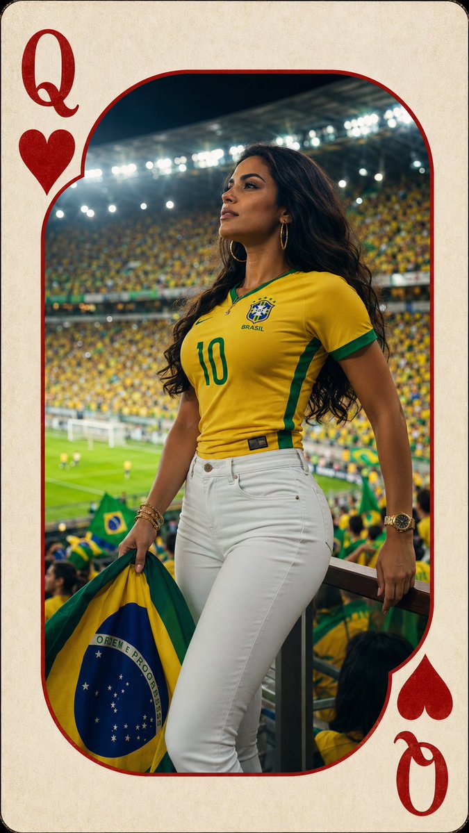 Brazilian fan in yellow jersey poses proudly inside Queen of Hearts card