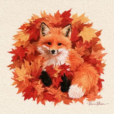Red Fox Nestled Among Fallen Maple Leaves in Warm Watercolor