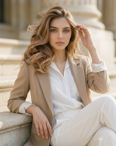 Young woman in blazer smiles warmly against sunlit stone backdrop