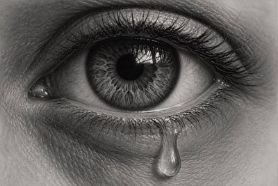 Hyper-realistic graphite eye with tear and intricate iris details