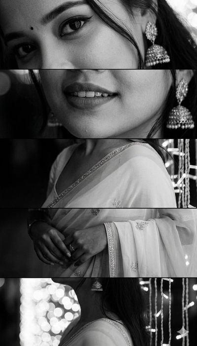 South Asian woman's face splits into five cinematic horizontal strips