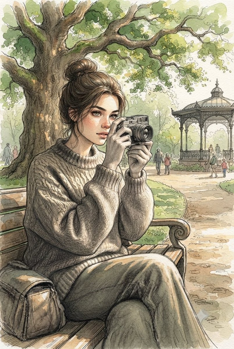Young Photographer Captures Park and Roman Arch in Watercolor Ink