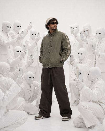 A stoic man in olive green commands a white masked crowd.