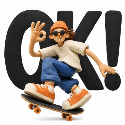 A cheerful clay character leaps beside bold black typography