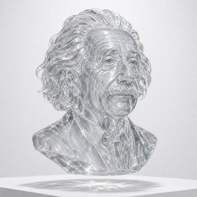 Transparent crystal bust of a thoughtful person floating above white surface