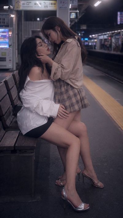 Two women share an intimate moment on a quiet station platform at night