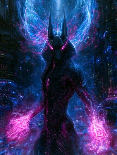 A jackal-headed Egyptian god stands in a neon-lit futuristic city.