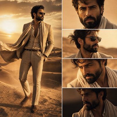 A well-groomed man in beige linen stands confidently in golden desert dunes