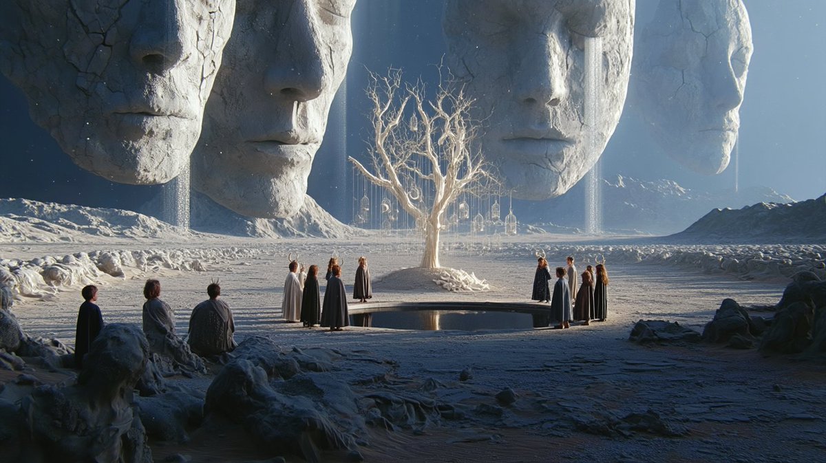 Ashen Valley Under Floating Masks and Bone-Tree Guardians