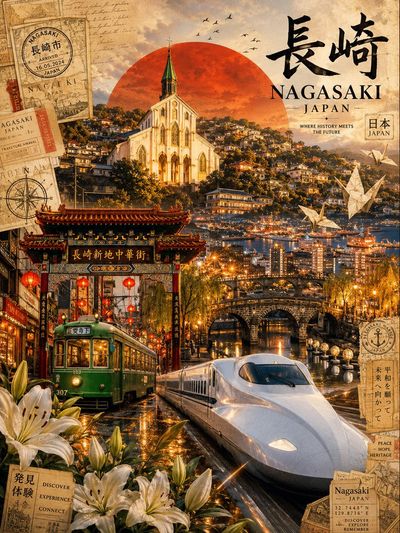 Ōura Cathedral glows beneath crimson sun in Nagasaki's hillside cityscape