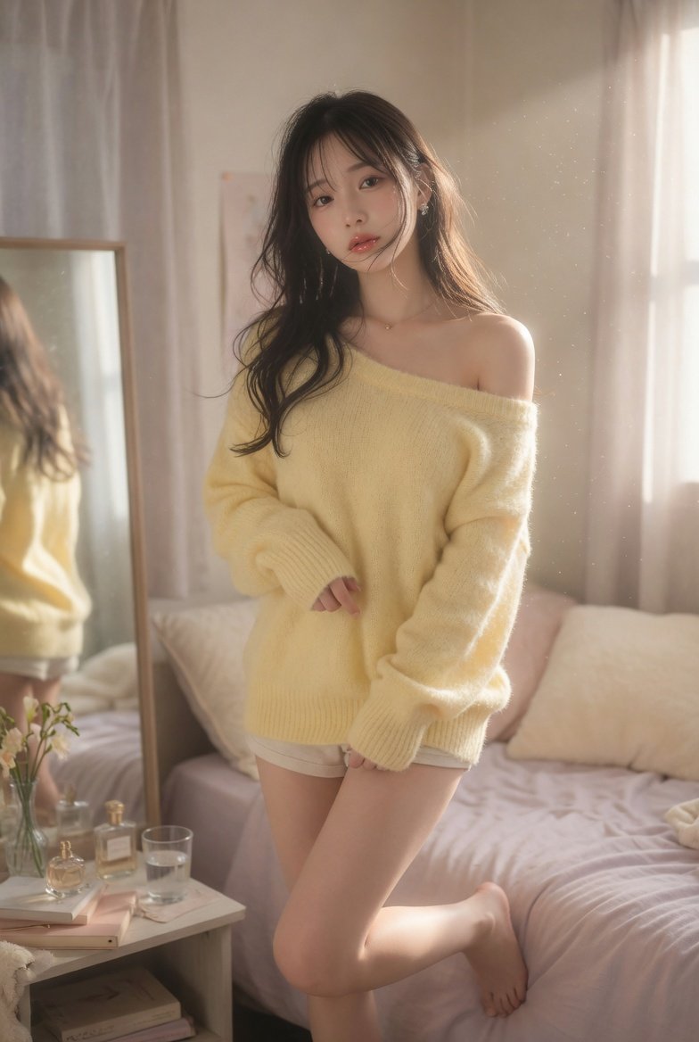 Japanese idol in soft bedroom light smiles gently with dreamy eyes