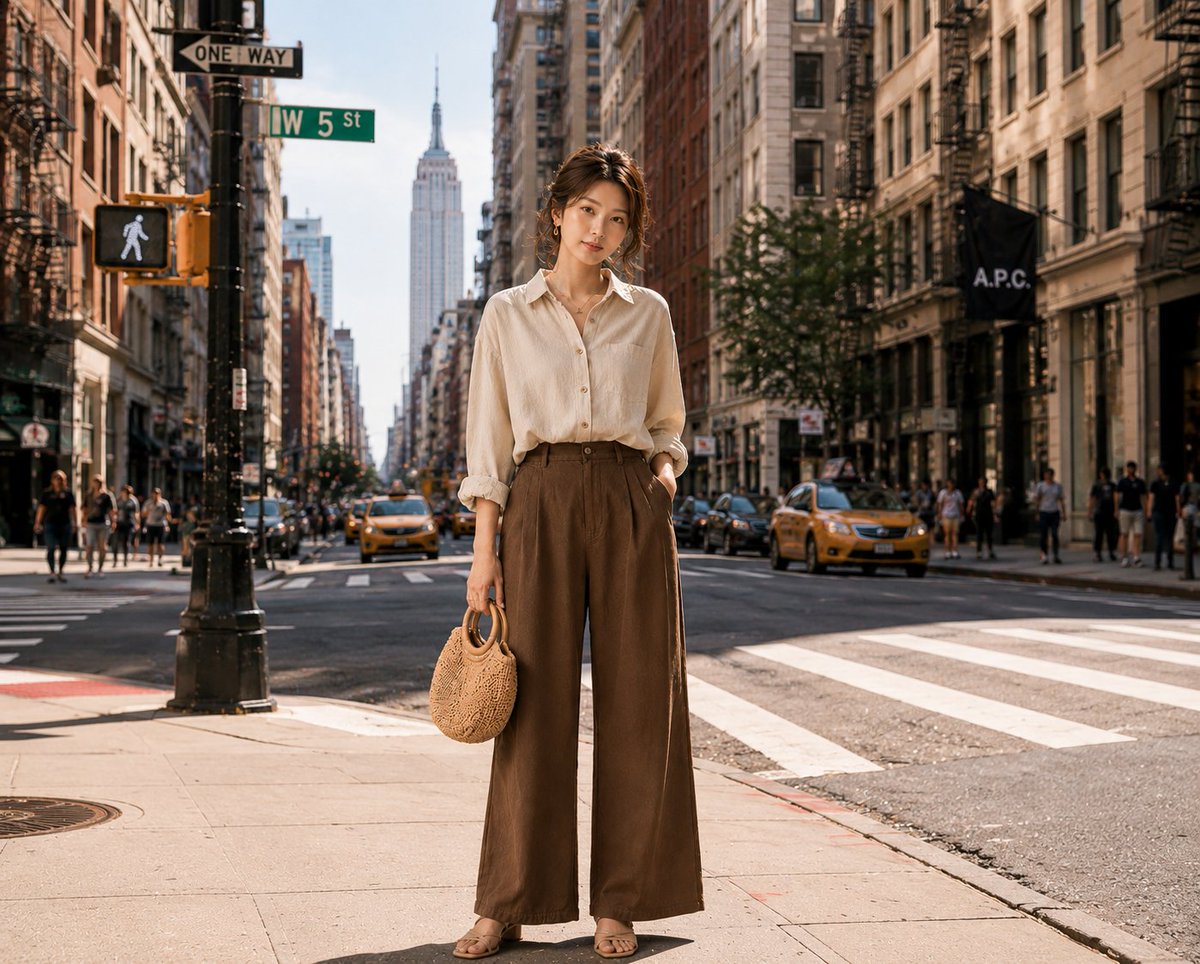 A confident woman in cream linen commands Manhattan's golden afternoon light