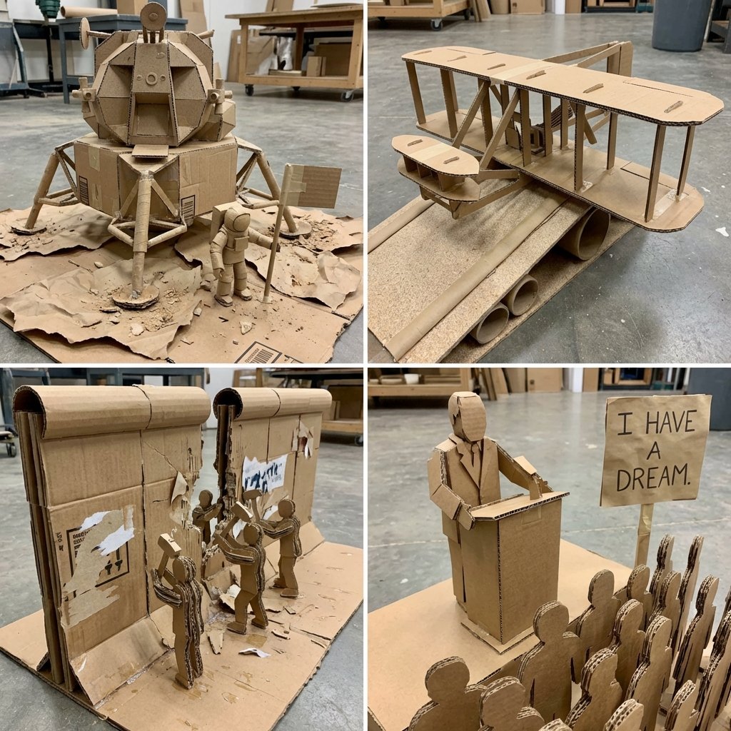 Cardboard Chronicles: Four Historic Moments Sculpted in Paper