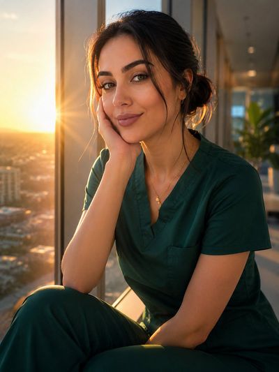 A warm golden sunset illuminates a compassionate nurse in emerald scrubs.