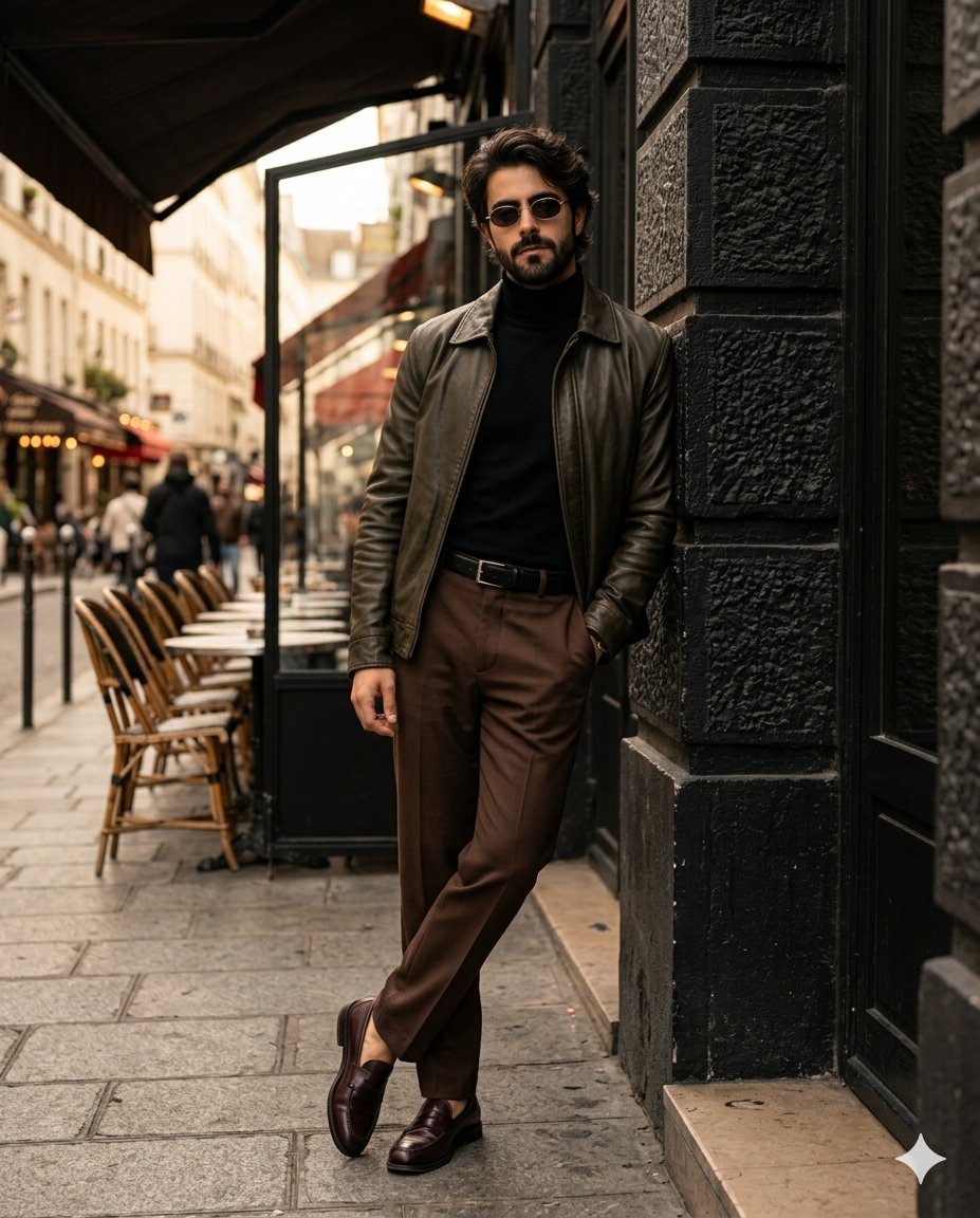A stylish man leans against a textured stone wall in warm light