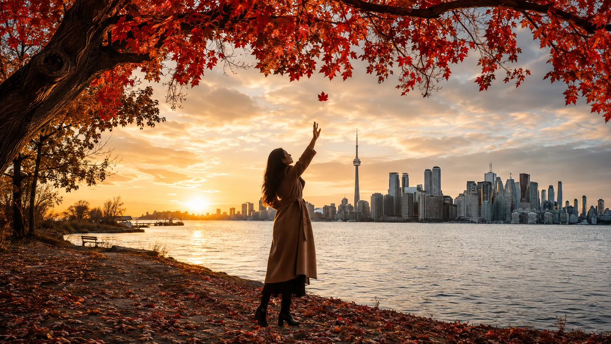 Golden hour woman reaches for the last red leaf in Toronto