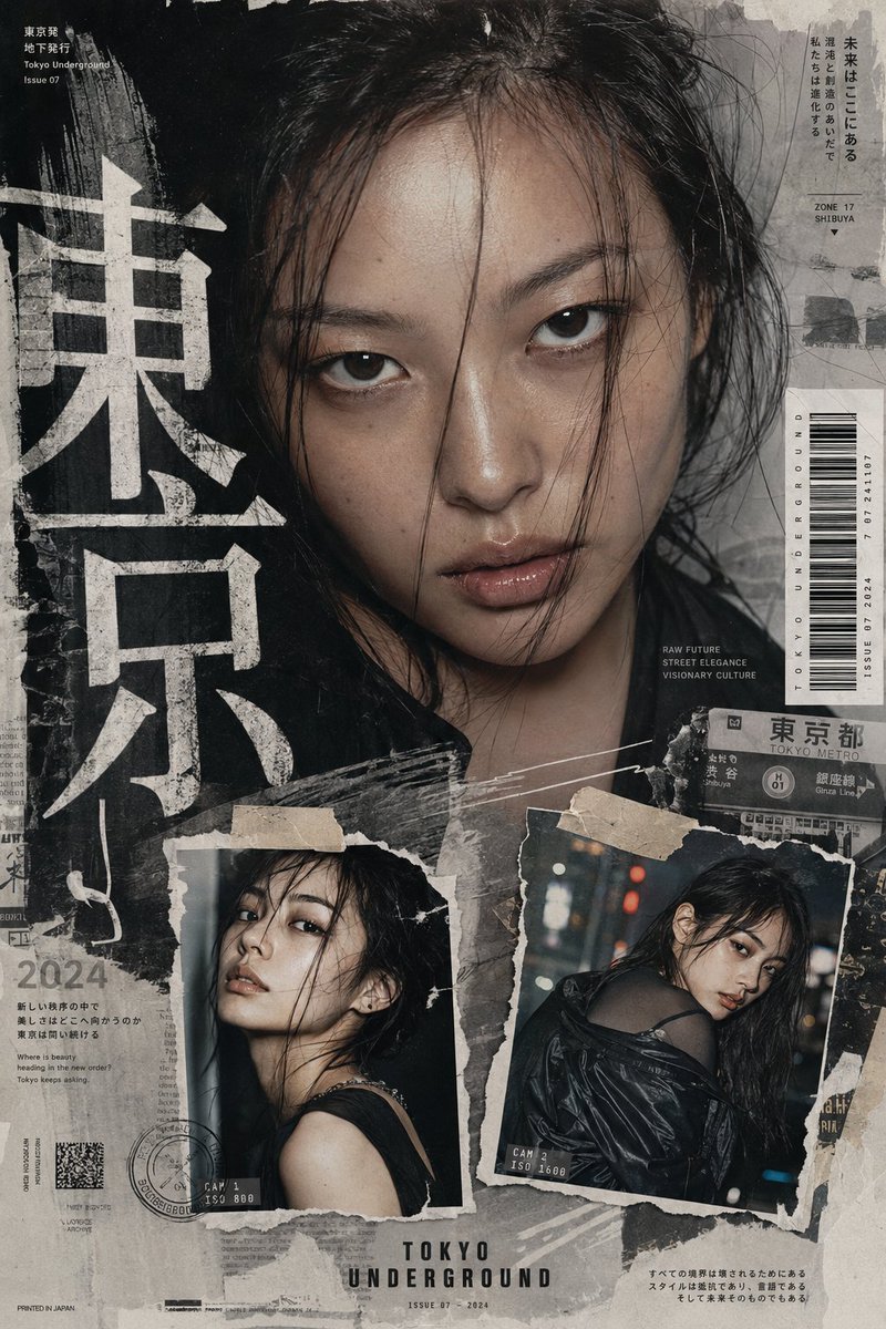 Harajuku street fashion poster blends cinematic portrait with torn collage