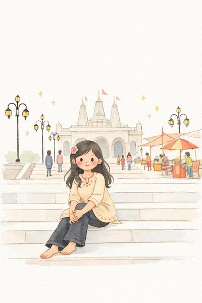 A cute doll girl reads under a starry pastel sky