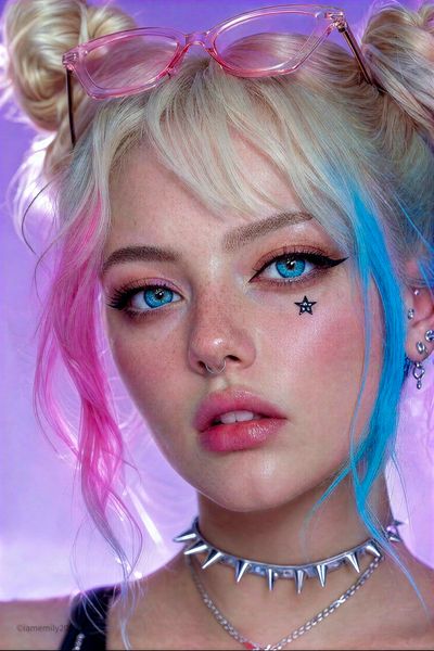 Cyber e-girl with platinum space buns stares through pastel haze