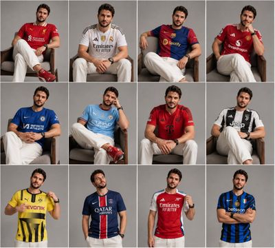 Twelve football jerseys showcase one model in a studio grid
