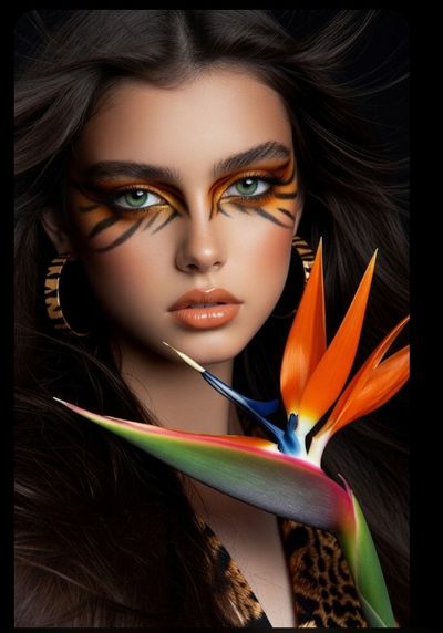 Green-eyed woman with tiger stripes holds orange flower in studio light