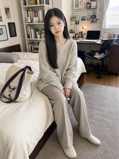 Young woman rests on bed in cozy Japanese apartment