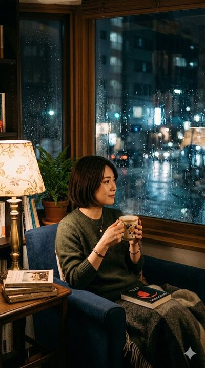 A young woman enjoys hot tea while rain falls outside her window.