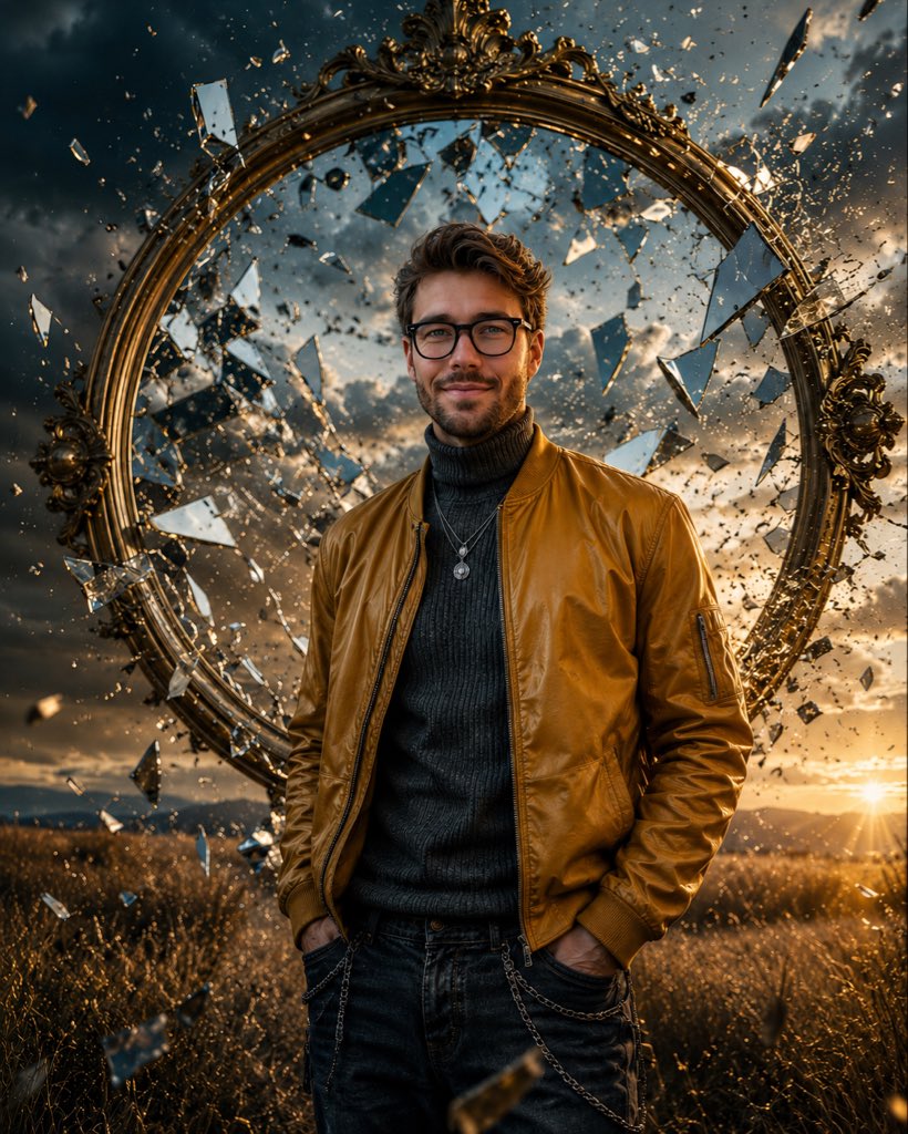 Man in mustard jacket stands before exploding golden mirror in stormy field