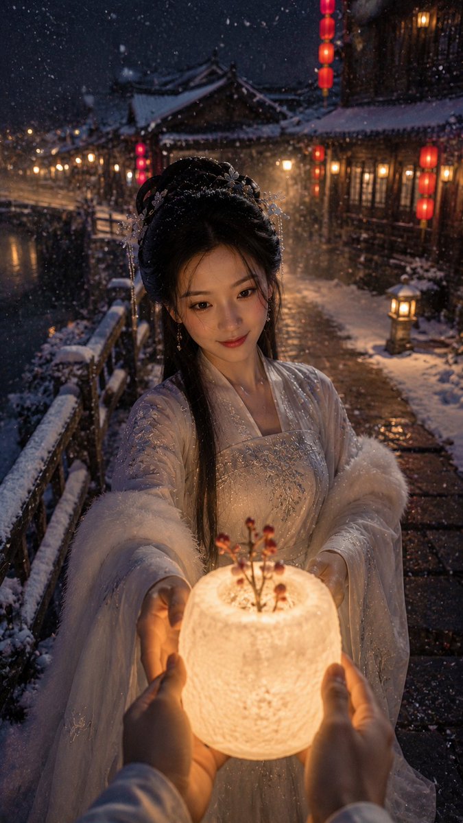 Tying a red wishing ribbon under firefly-lit bamboo at night