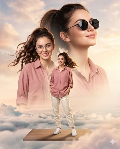 Young woman in pink shirt stands on cloud platform