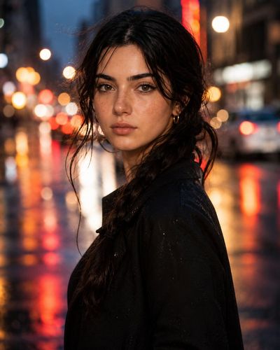 A young woman with hazel eyes stands in a rainy street at dusk